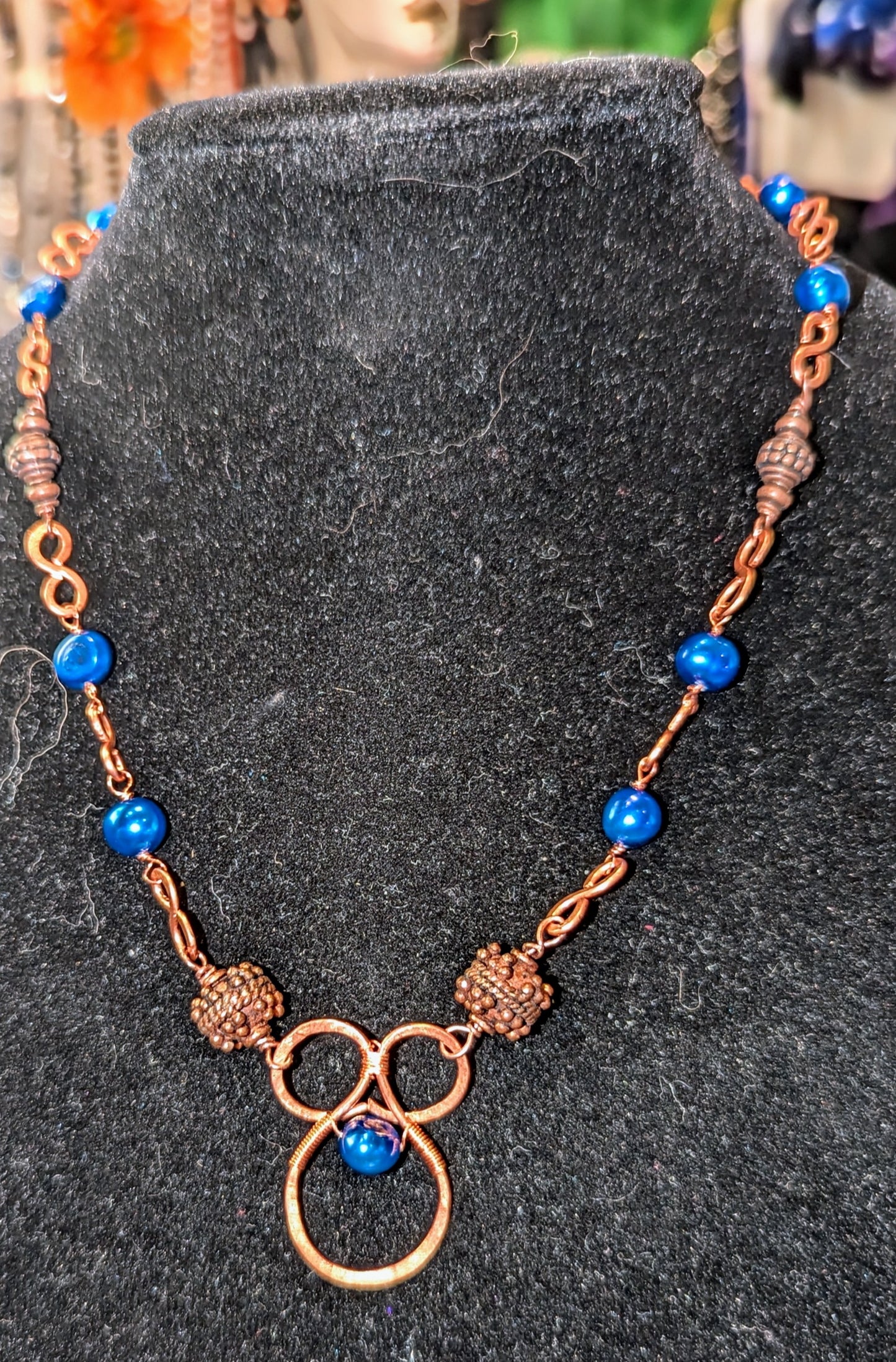 Hand hammered copper necklace with pearls