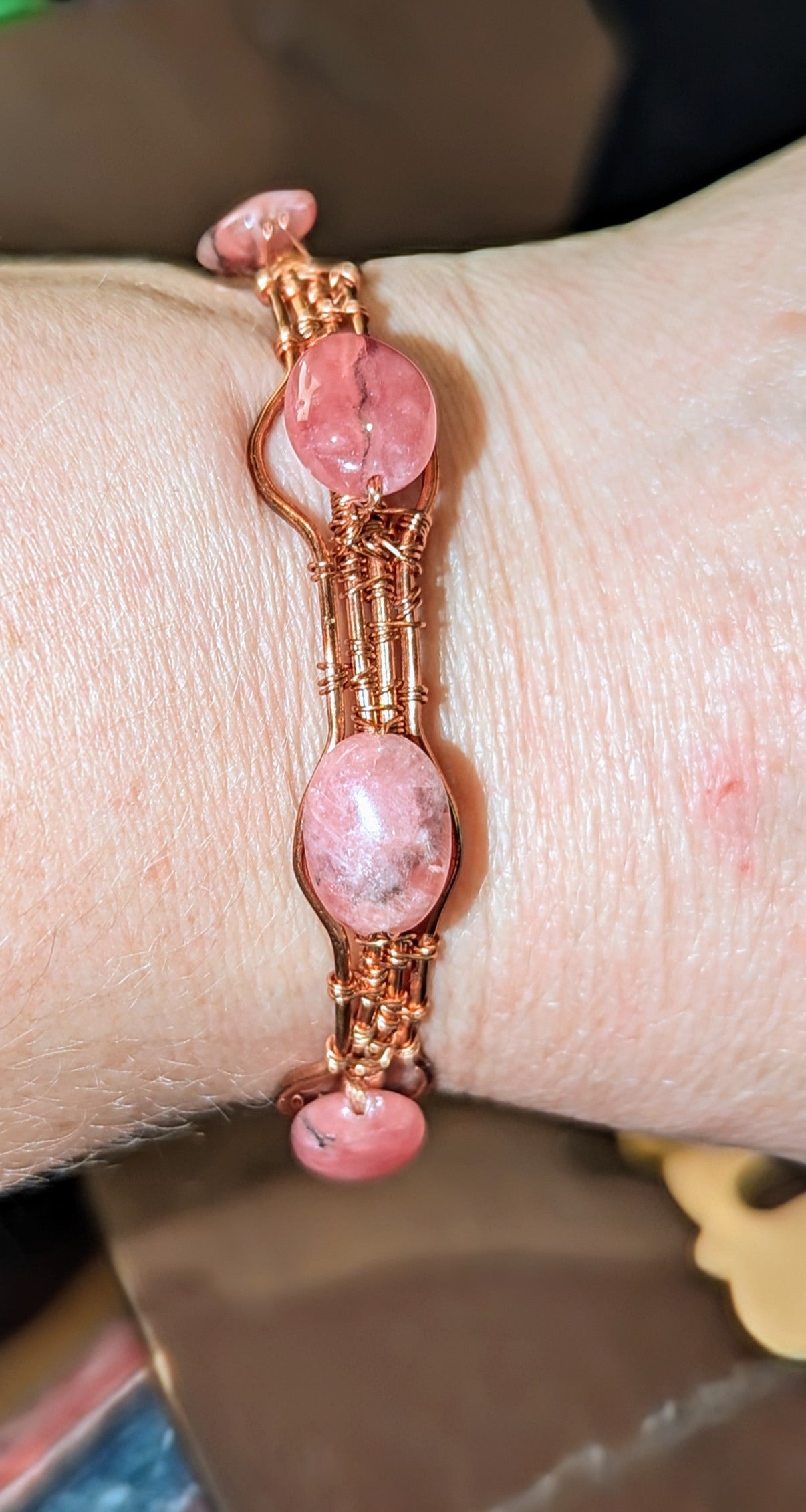 Rhodochrosite copper cuff bracelet