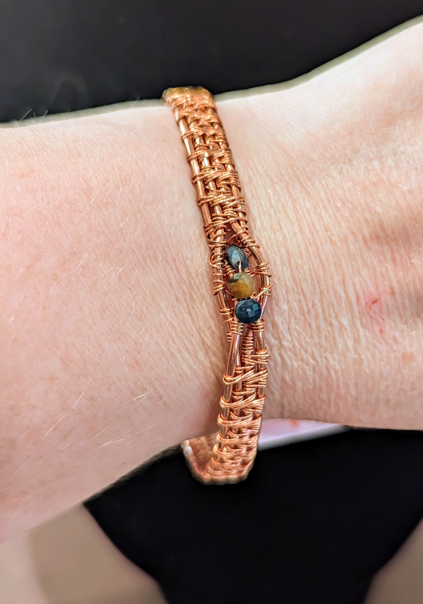 Woven copper gemstone cuff bracelet