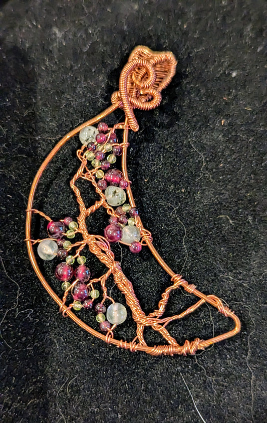 Wire wrapped "tree of life" gemstone moon pendant